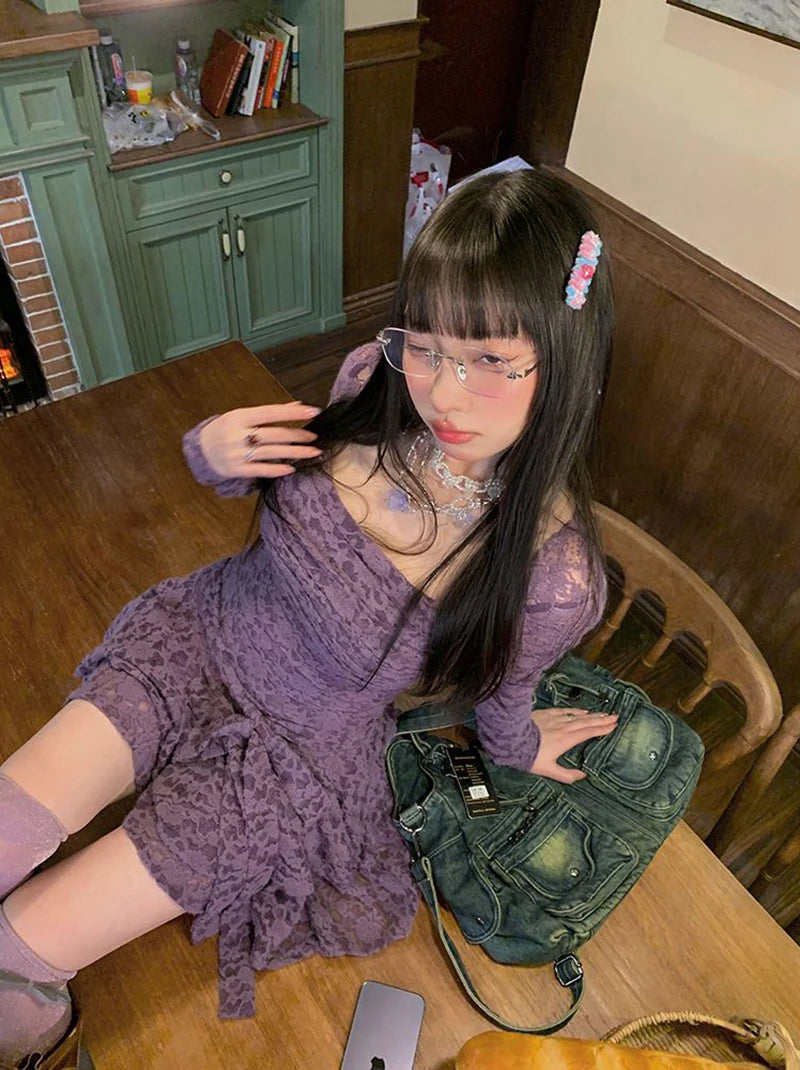Gothic Black Lace Dress Women Y2K Fall Vintage Elegant Square Collar Purple Mini Dress Streetwear Sexy Slim Party Vestidos New