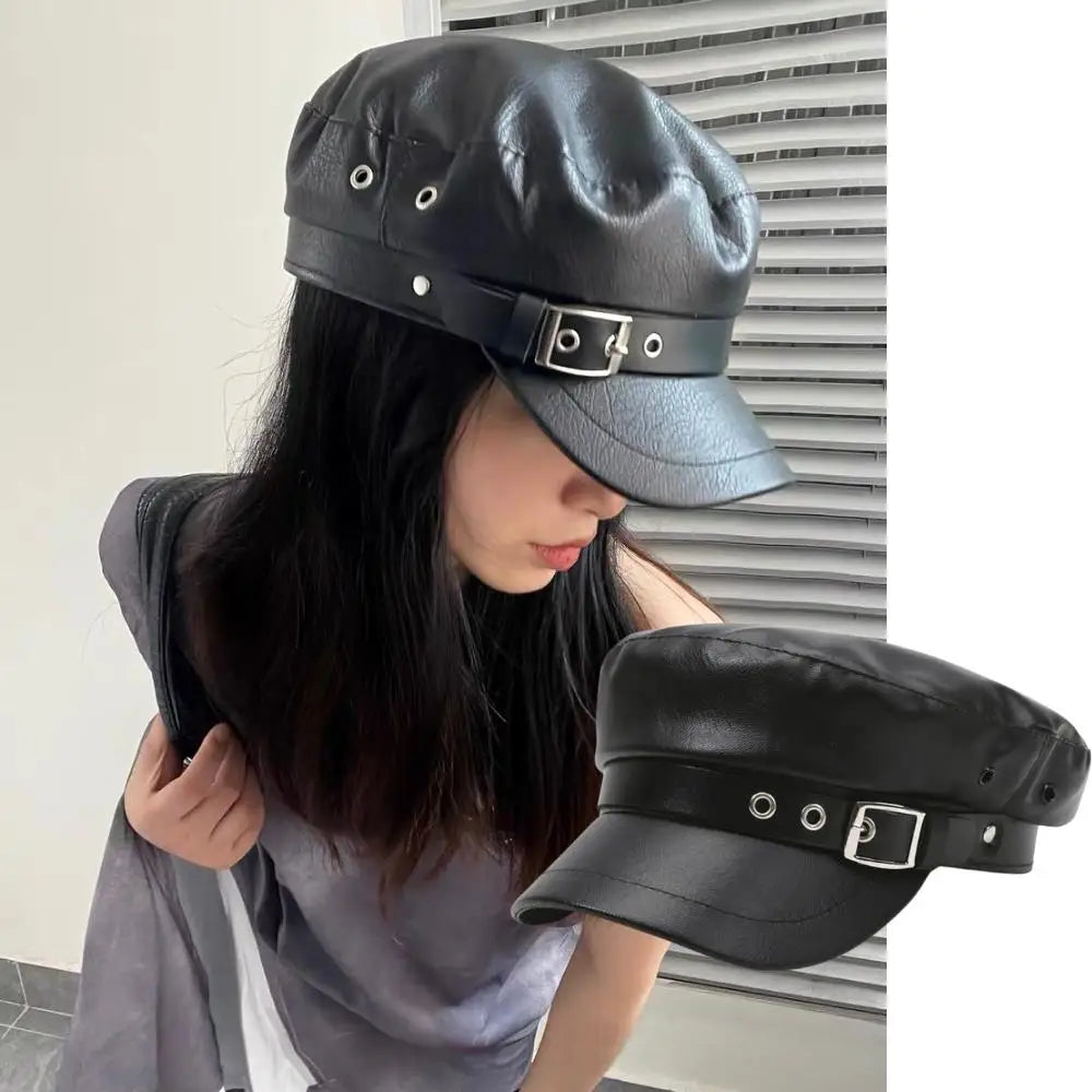 Retro England Black Leather Cap – Women’s Vintage Painter Hat, Flat Newsboy & Military Style Outdoor Cap