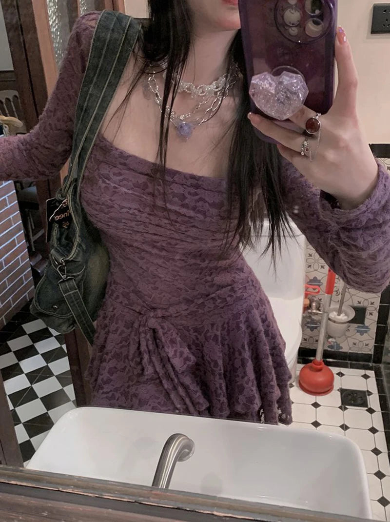 Gothic Black Lace Dress Women Y2K Fall Vintage Elegant Square Collar Purple Mini Dress Streetwear Sexy Slim Party Vestidos New