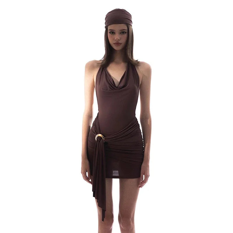 Y2K Brown Mini Dress – Low-Cut Backless Bandage Pleated A-Line Dress for Women