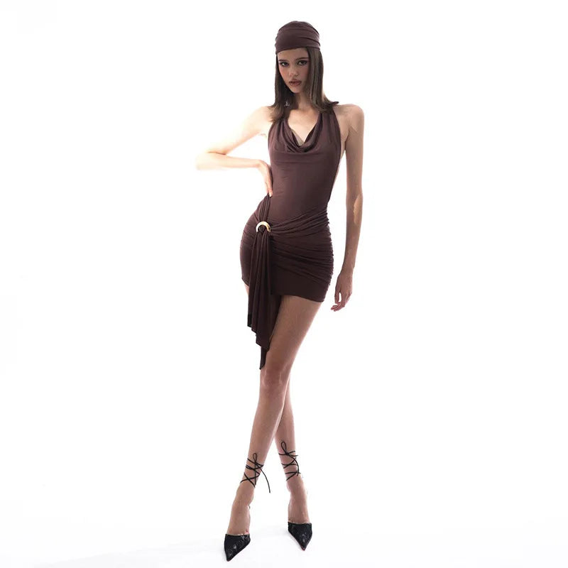 Y2K Brown Mini Dress – Low-Cut Backless Bandage Pleated A-Line Dress for Women