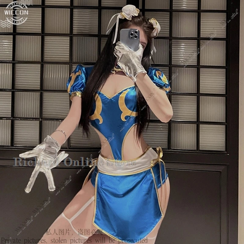 Chun-Li Cosplay Costume Set – Cheongsam Dress with Accessories (Tops, Pants, Apron, Headwear, Socks & Gloves) for Parties, Conventions & Festivals