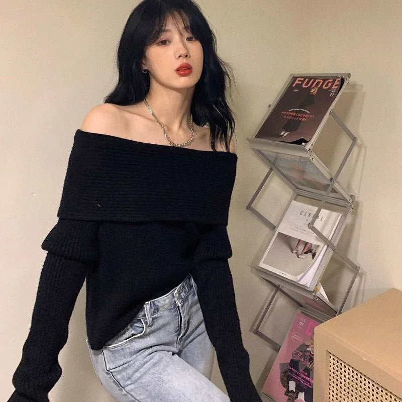 Lucyever Women’s Slash Neck Knitted Sweater – Sexy Off-Shoulder Slim Fit Long Sleeve Pullover, Korean Elegant Thick Jumper for Autumn/Winter