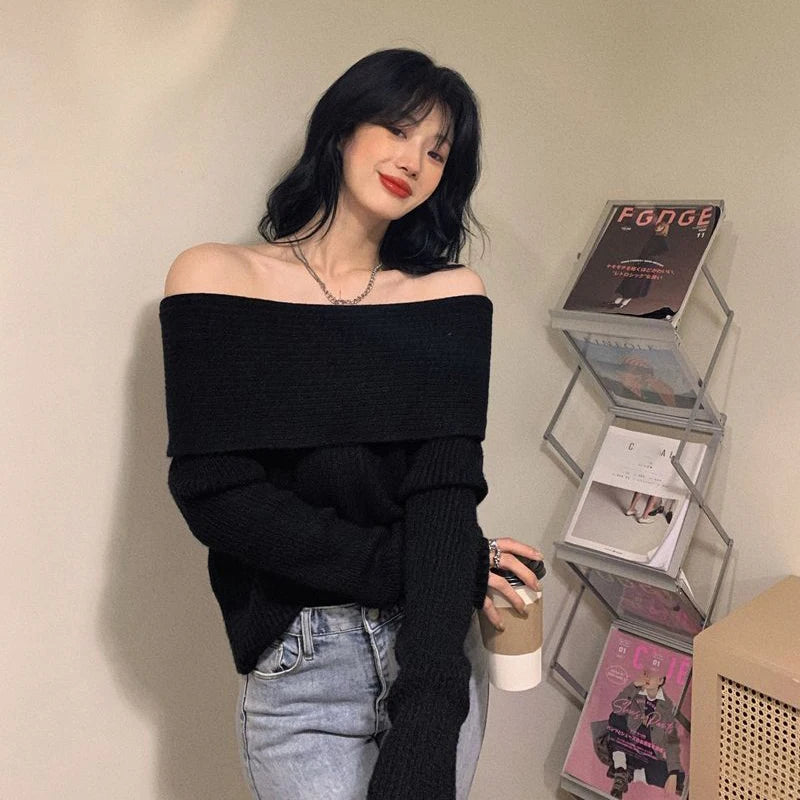 Lucyever Women’s Slash Neck Knitted Sweater – Sexy Off-Shoulder Slim Fit Long Sleeve Pullover, Korean Elegant Thick Jumper for Autumn/Winter