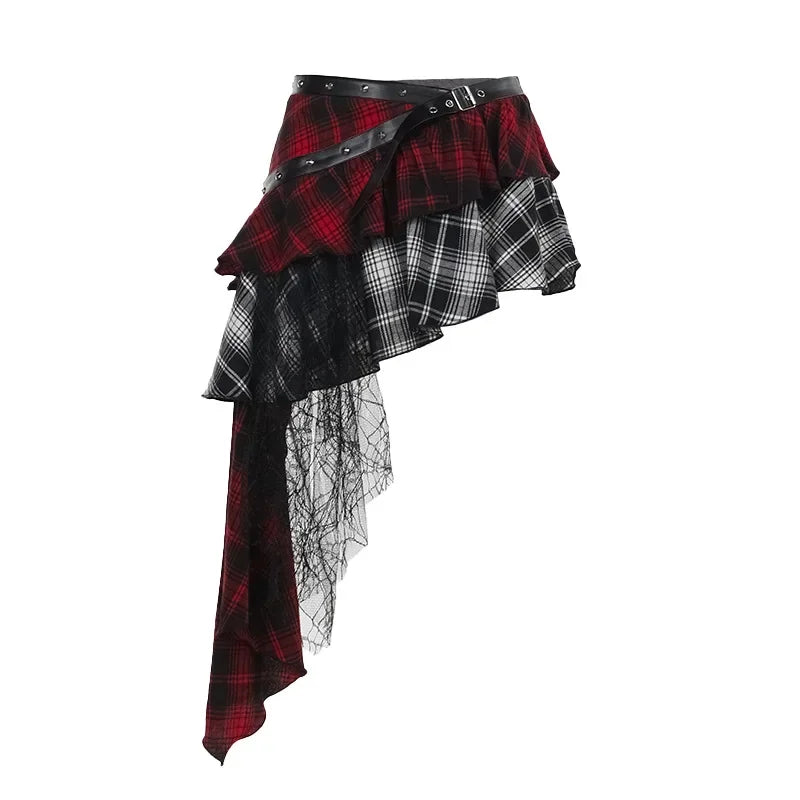 Gothic Plaid Mini Skirt – Y2K Punk Rock High Waist Irregular Skirt with Lace Detail