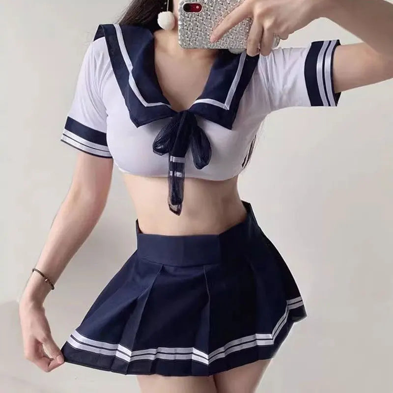 PCQWXZ Kawaii Schoolgirl Cosplay Set – Japanese JK-Inspired Pleated Skirt and Midriff-Baring Top for Anime and Roleplay Costumes
