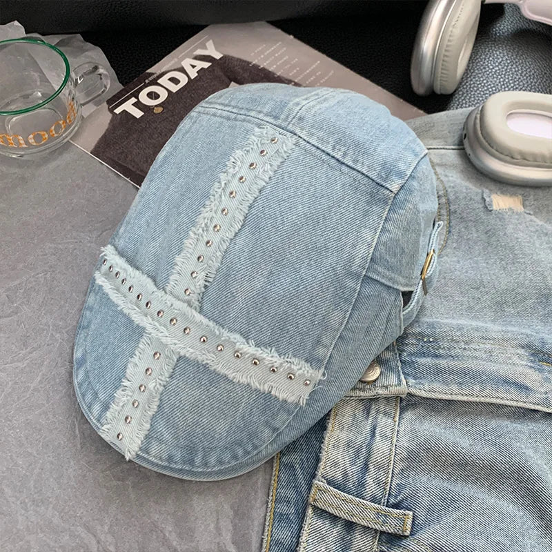 Women’s Retro Black Denim Beret – Vintage Washed Riveted Cap, Y2K Streetwear Fashion Hat for Girls