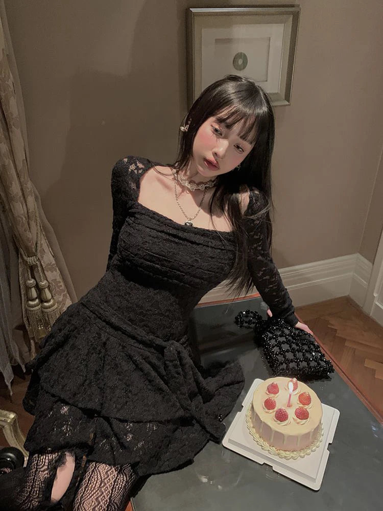 Gothic Black Lace Dress Women Y2K Fall Vintage Elegant Square Collar Purple Mini Dress Streetwear Sexy Slim Party Vestidos New