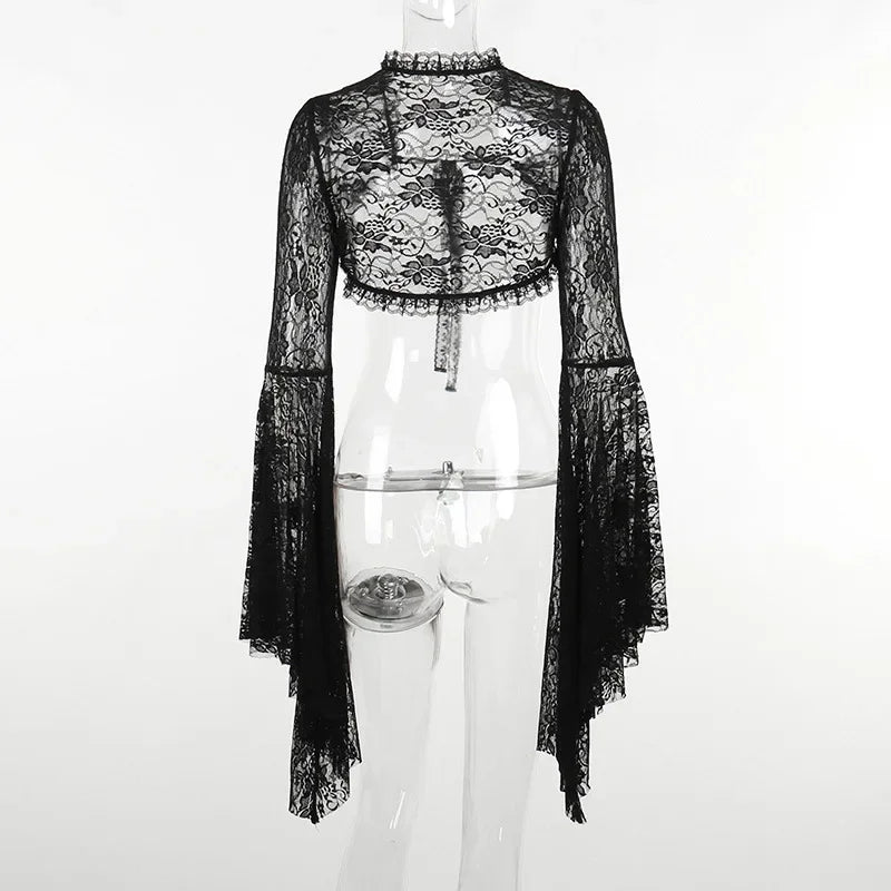 Lobovootd Gothic Lace Mesh Shrug Cardigan – Long Sleeve Cropped Top for Cosplay, Harajuku, and Streetwear Fashion