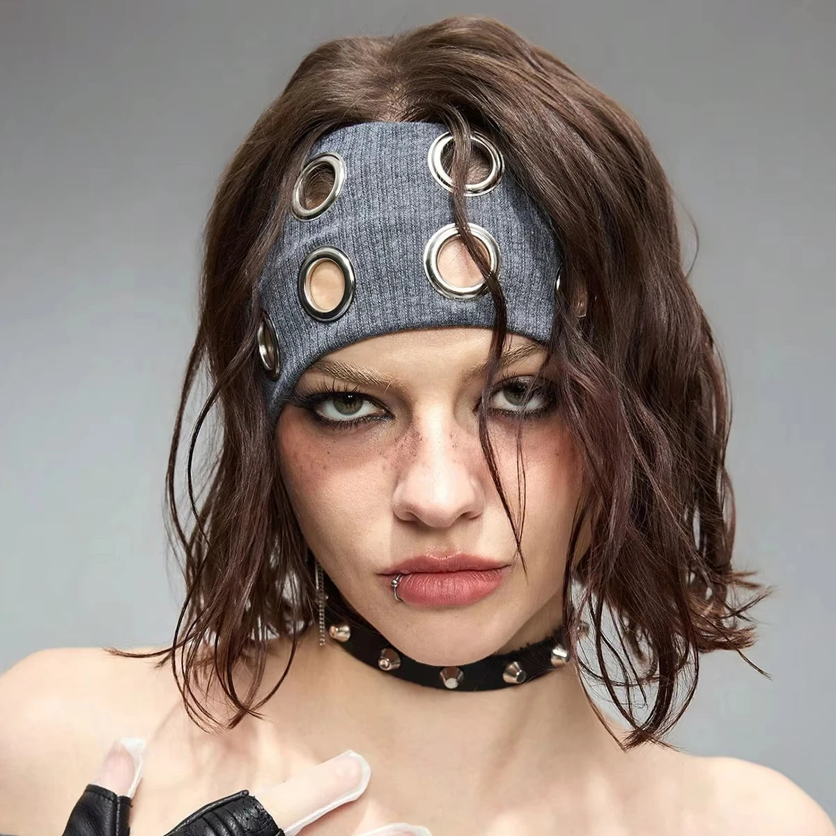Punk Girl Hollowed Out Eyelets Wide Elastic Headband Stretchy Metal Rock Steampunk for Sports Headbands Hair Accessories