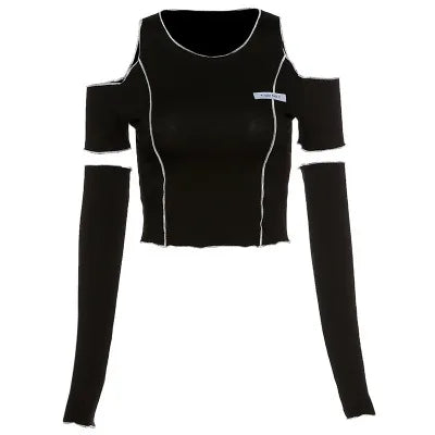 Women’s Techwear Gothic Crop Top – Black Y2K One Shoulder Ruffle Hem Tee