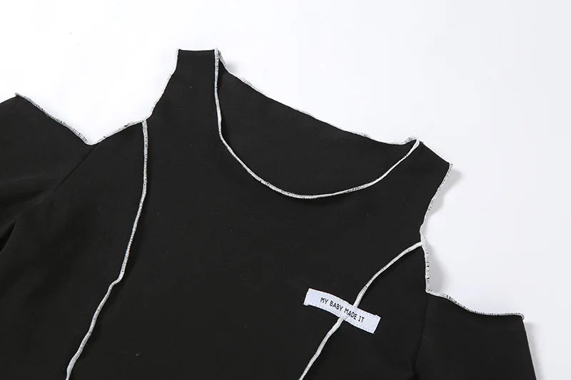 Women’s Techwear Gothic Crop Top – Black Y2K One Shoulder Ruffle Hem Tee