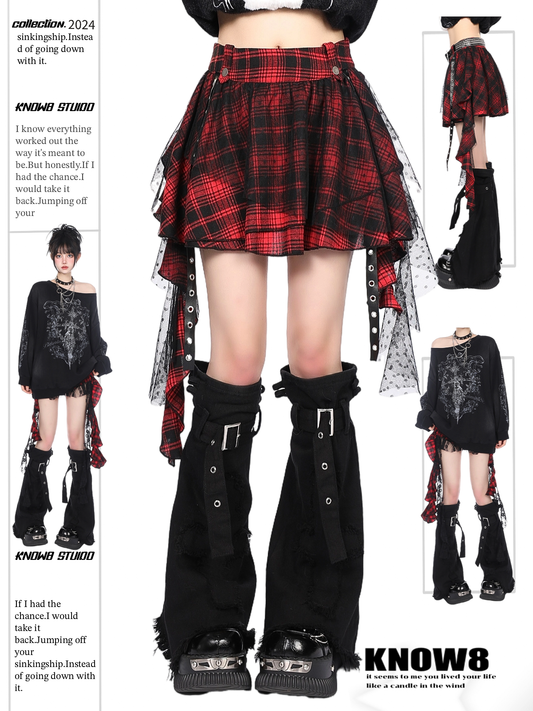 Y2K Gothic Red Plaid Skirt – Asymmetrical Punk Pettiskirt Cake Dress for Women