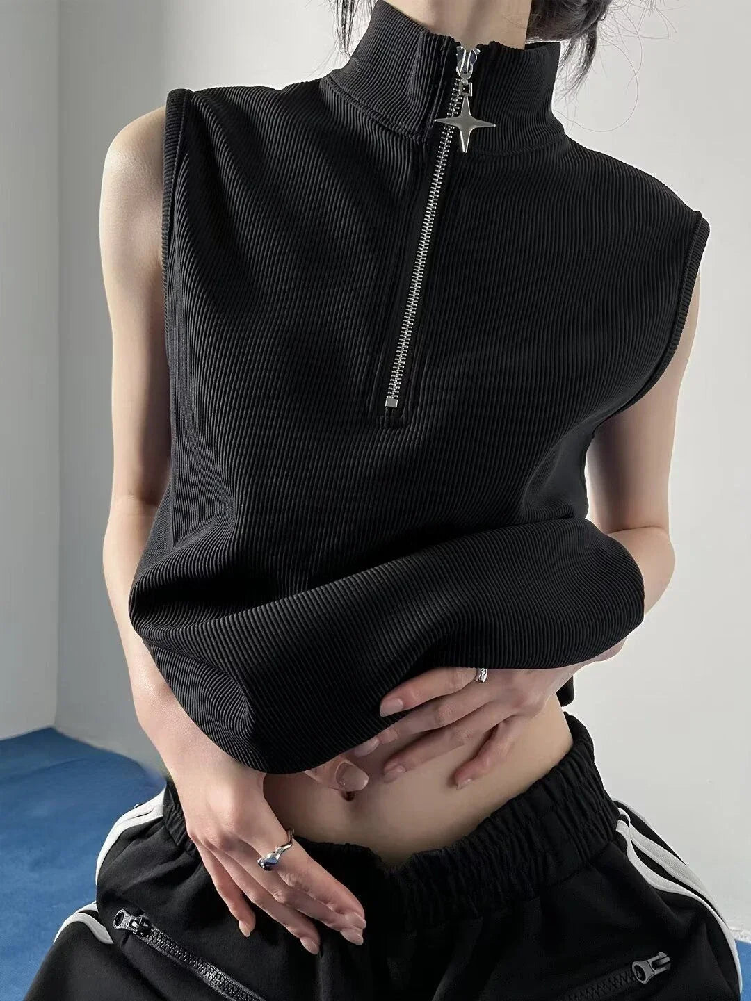 Vintage Stand Neck Zipper T-shirts Sleeveless Tanks Y2k Aesthetic Solid Camisoles Gothic Tank Top Men and Women Harajuku Punk