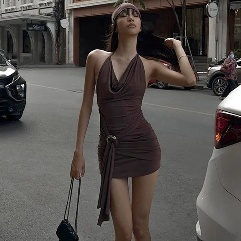 Y2K Brown Mini Dress – Low-Cut Backless Bandage Pleated A-Line Dress for Women