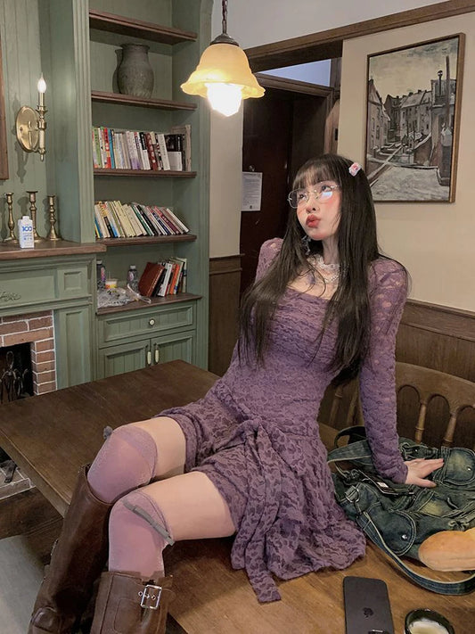 Gothic Black Lace Dress Women Y2K Fall Vintage Elegant Square Collar Purple Mini Dress Streetwear Sexy Slim Party Vestidos New