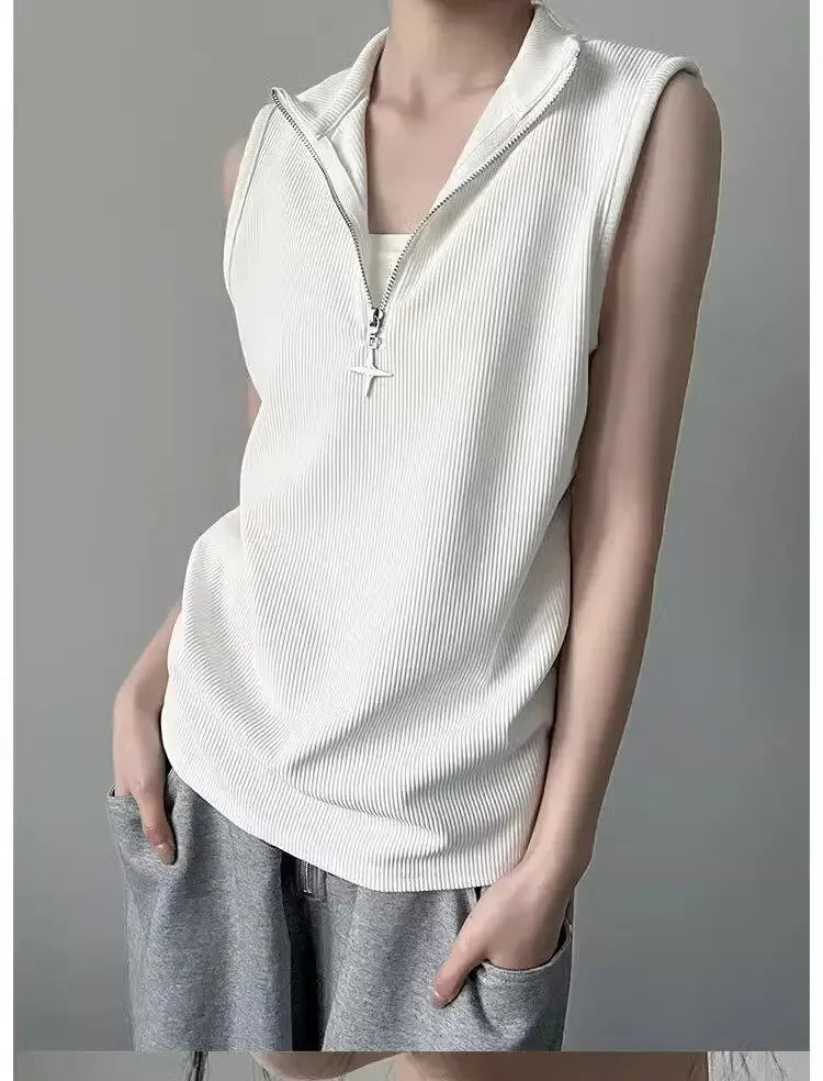 Vintage Stand Neck Zipper T-shirts Sleeveless Tanks Y2k Aesthetic Solid Camisoles Gothic Tank Top Men and Women Harajuku Punk