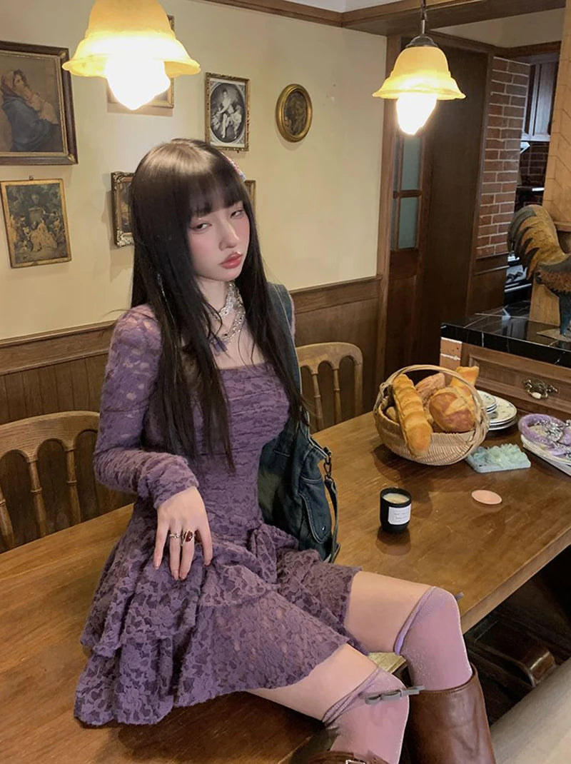 Gothic Black Lace Dress Women Y2K Fall Vintage Elegant Square Collar Purple Mini Dress Streetwear Sexy Slim Party Vestidos New