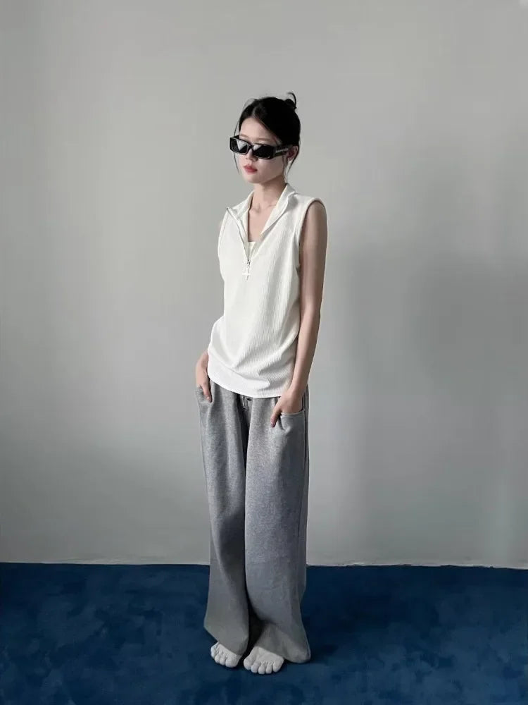 Vintage Stand Neck Zipper T-shirts Sleeveless Tanks Y2k Aesthetic Solid Camisoles Gothic Tank Top Men and Women Harajuku Punk