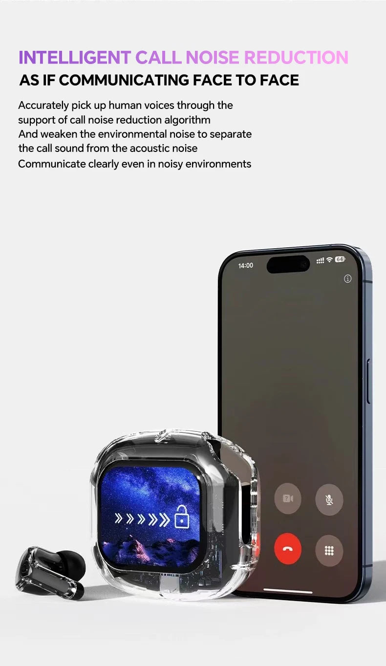 Translation Headphones with Touch Screen Wireless Bluetooth 5.4 Smart  Earphone HiFi Audio High Quality Transparent Case Headset