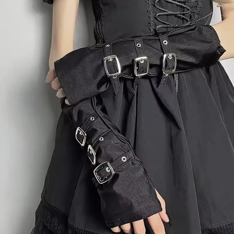 Goth Punk Buckle Strap Gloves – Fingerless Spandex Gloves for Women’s Cosplay & Fashion