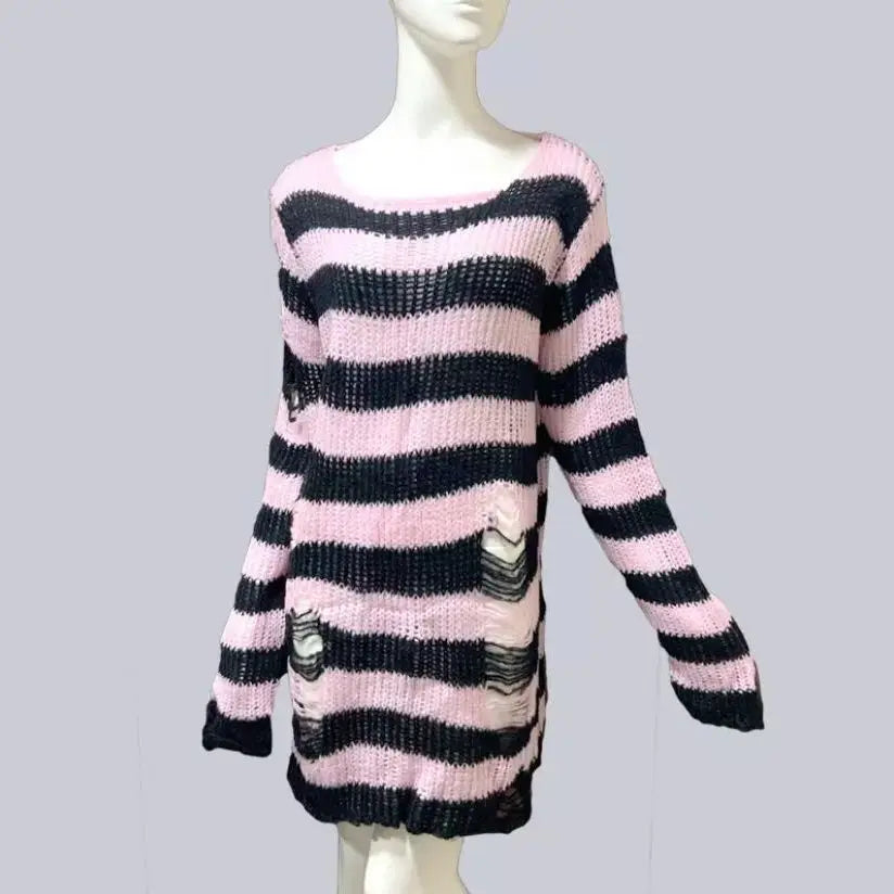 Punk Rock Distressed Sweater – Loose Striped Knit Pullover, Gothic Fashion