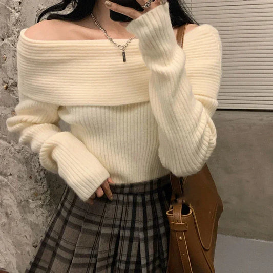Lucyever Women’s Slash Neck Knitted Sweater – Sexy Off-Shoulder Slim Fit Long Sleeve Pullover, Korean Elegant Thick Jumper for Autumn/Winter