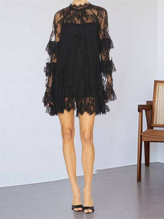 New Fashion Women Lace Dress Long Sleeve Crew Neck Sheer Dress Cocktail Dress Fall Mini Dress Hot Sale S M L