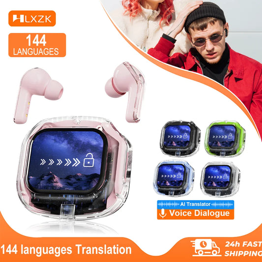 Translation Headphones with Touch Screen Wireless Bluetooth 5.4 Smart  Earphone HiFi Audio High Quality Transparent Case Headset