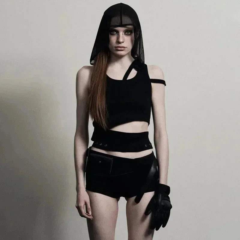 Edgy Punk Hooded Crop Top for Women – Street Fashion Sleeveless Tee, New 2025 Style