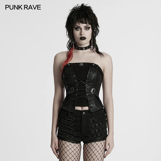 PUNK RAVE Slim Fit Punk Tube Top – Women’s Sexy Bustier Style, Printed Woven Patchwork, Sleeveless Tee, Avant-Garde Summer Fashion