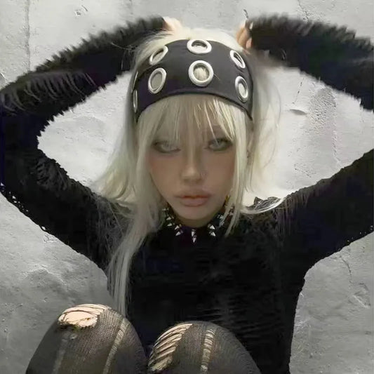 Punk Girl Hollowed Out Eyelets Wide Elastic Headband Stretchy Metal Rock Steampunk for Sports Headbands Hair Accessories
