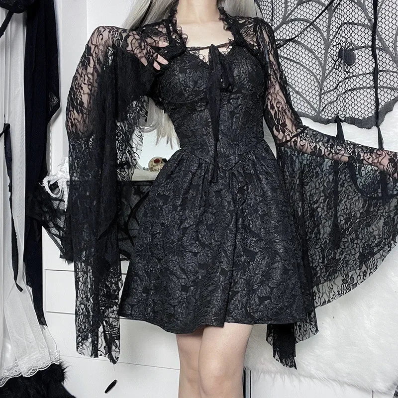 Lobovootd Gothic Lace Mesh Shrug Cardigan – Long Sleeve Cropped Top for Cosplay, Harajuku, and Streetwear Fashion