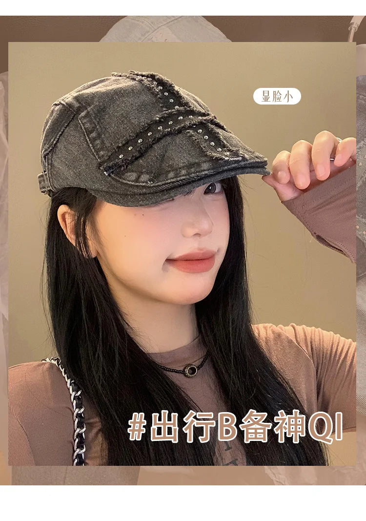 Women’s Retro Black Denim Beret – Vintage Washed Riveted Cap, Y2K Streetwear Fashion Hat for Girls