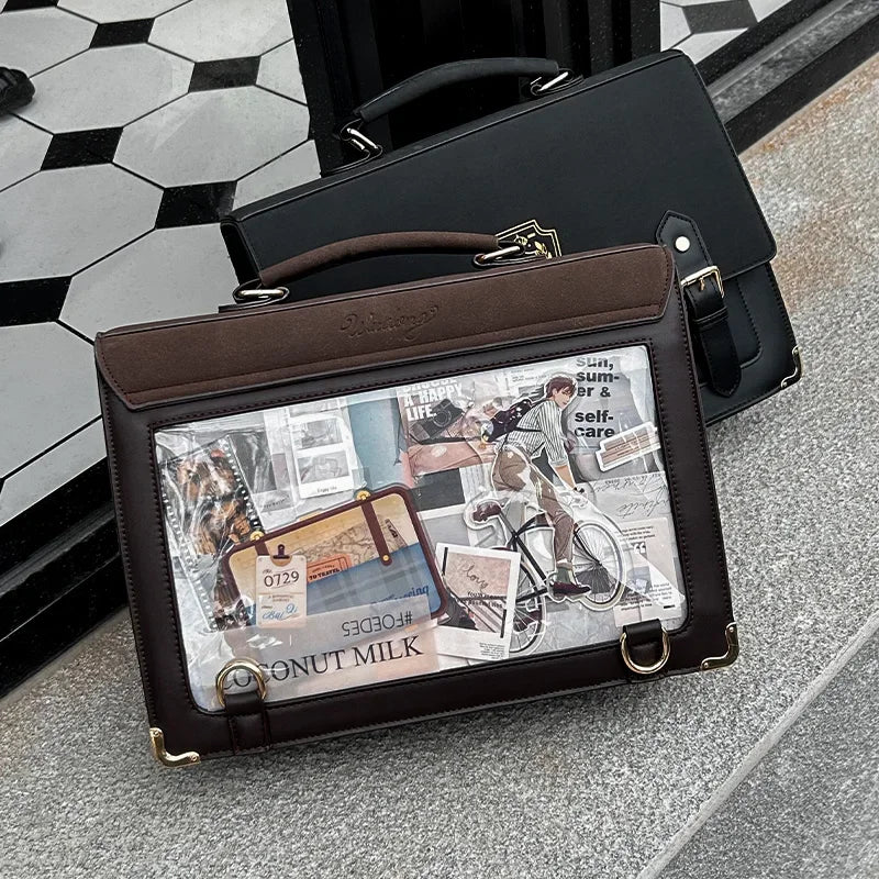 Miyagawa Vintage JK Ita Transparent Backpack – PU Leather Mochila for Women, University Student Bag, Youth All-Match Shoulder Bag