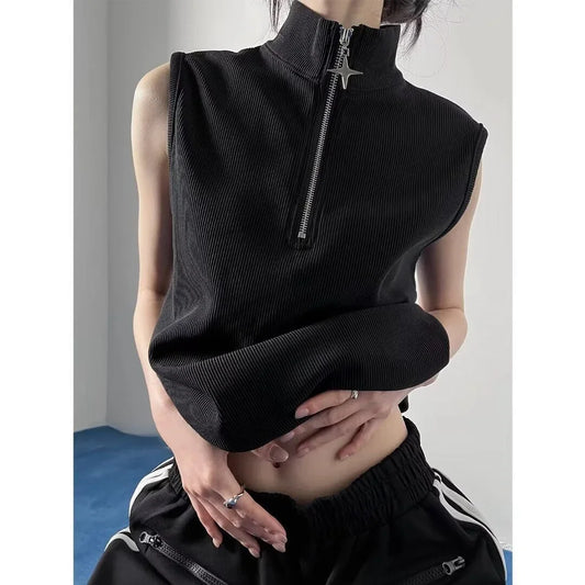 Vintage Stand Neck Zipper T-shirts Sleeveless Tanks Y2k Aesthetic Solid Camisoles Gothic Tank Top Men and Women Harajuku Punk
