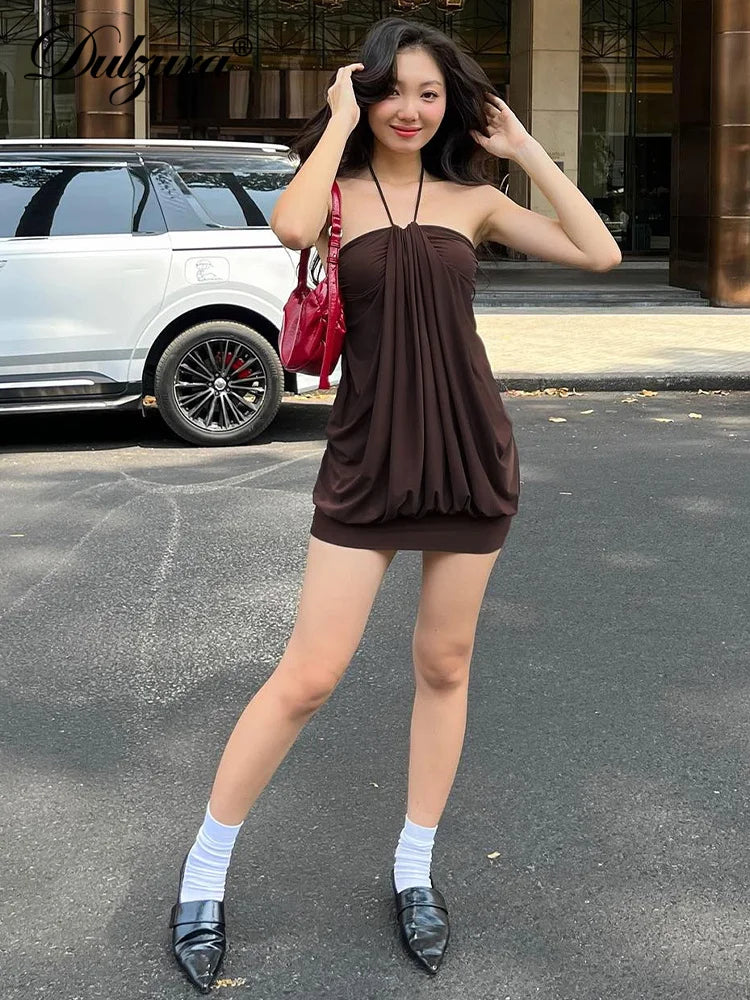Dulzura Sexy Mini Halter Ruched Backless Short Dress Solid Sleeveless Women Dresses Summer Lady Party Birthday Club Clothes Y2K