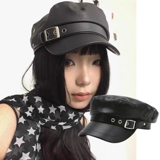 Retro England Black Leather Cap – Women’s Vintage Painter Hat, Flat Newsboy & Military Style Outdoor Cap