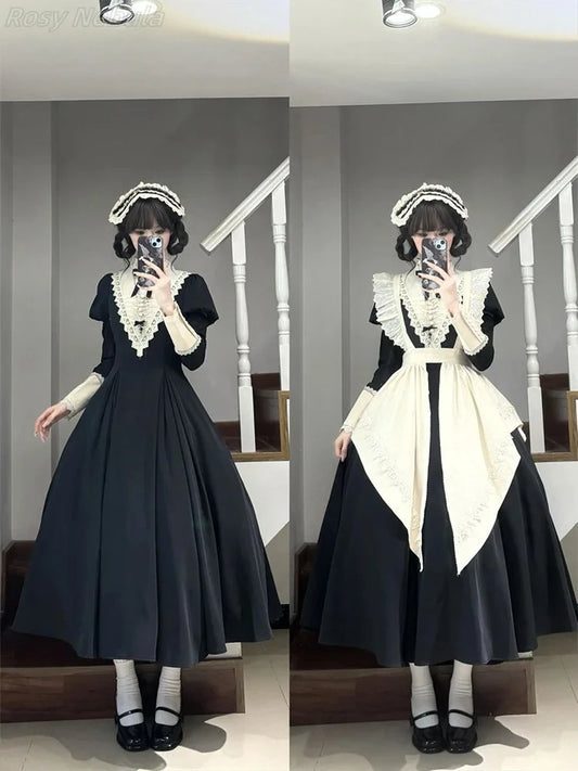 2025 Spring New Black Gothic Premium Bubble Long Sleeve Lolita Dress Female Japanese Maid Apron Long Dress Two-piece Sets Women
