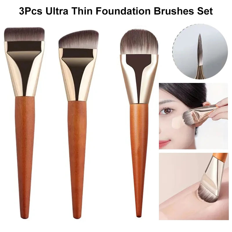 Ultra Thin Foundation Brush Set – Soft Wool Fiber Face Contour & Flat Contour Brush for Blending Foundation, Concealer, Bronzer, 1/2/3pcs