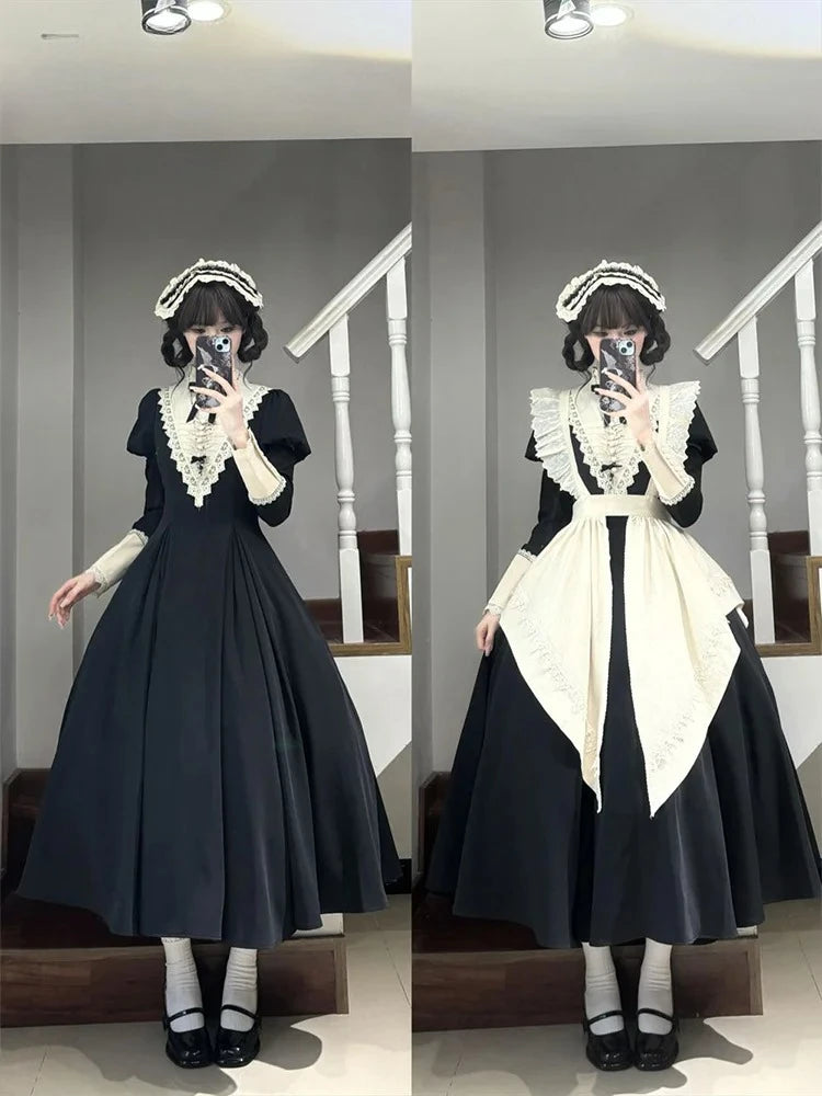 2025 Spring New Black Gothic Premium Bubble Long Sleeve Lolita Dress Female Japanese Maid Apron Long Dress Two-piece Sets Women