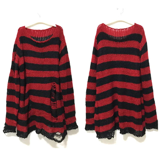 Punk Rock Distressed Sweater – Loose Striped Knit Pullover, Gothic Fashion