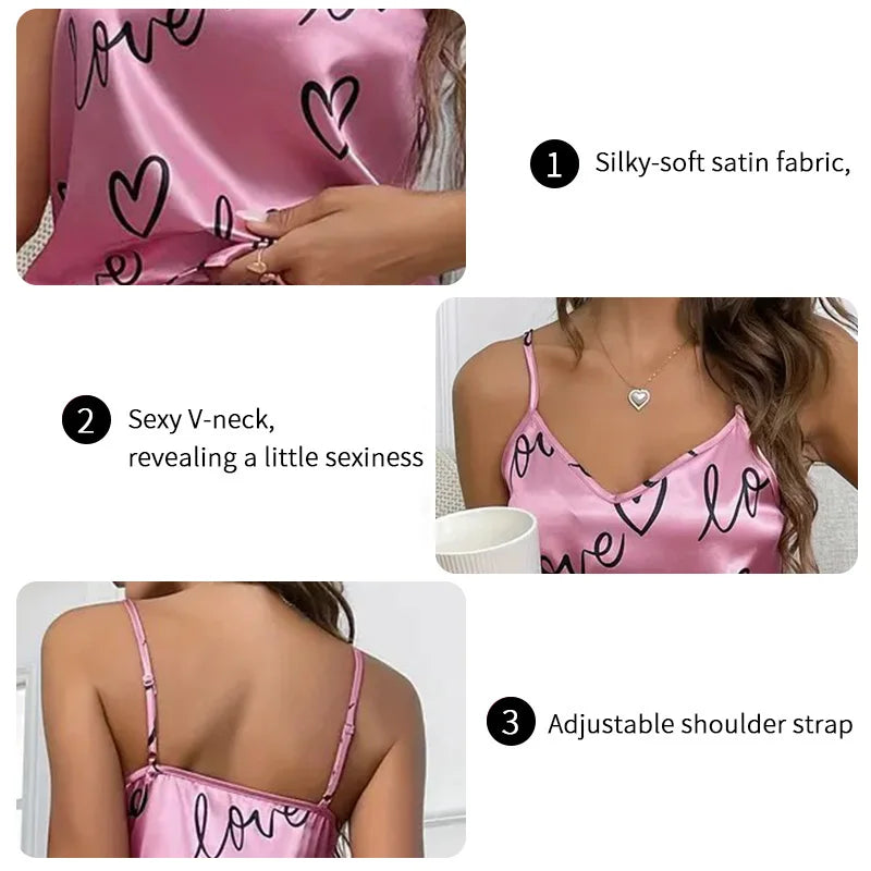 Women Letter Print Satin Pajama Set Chic V-Neck & Backless Cami Tops and Pants Pyjama 2 Pieces Soft Women's Sleepwear Loungewear