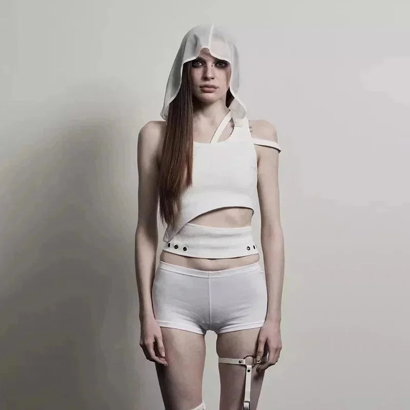 Edgy Punk Hooded Crop Top for Women – Street Fashion Sleeveless Tee, New 2025 Style