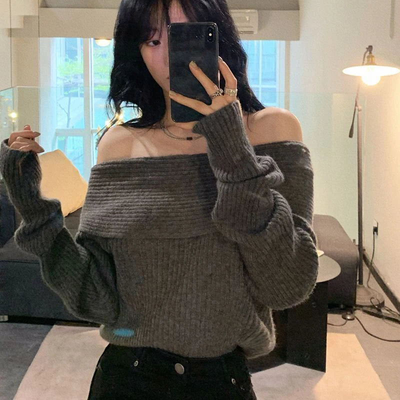 Lucyever Women’s Slash Neck Knitted Sweater – Sexy Off-Shoulder Slim Fit Long Sleeve Pullover, Korean Elegant Thick Jumper for Autumn/Winter