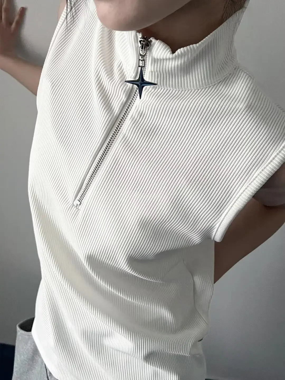 Vintage Stand Neck Zipper T-shirts Sleeveless Tanks Y2k Aesthetic Solid Camisoles Gothic Tank Top Men and Women Harajuku Punk