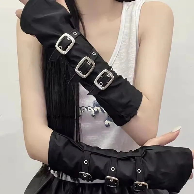 Goth Punk Buckle Strap Gloves – Fingerless Spandex Gloves for Women’s Cosplay & Fashion