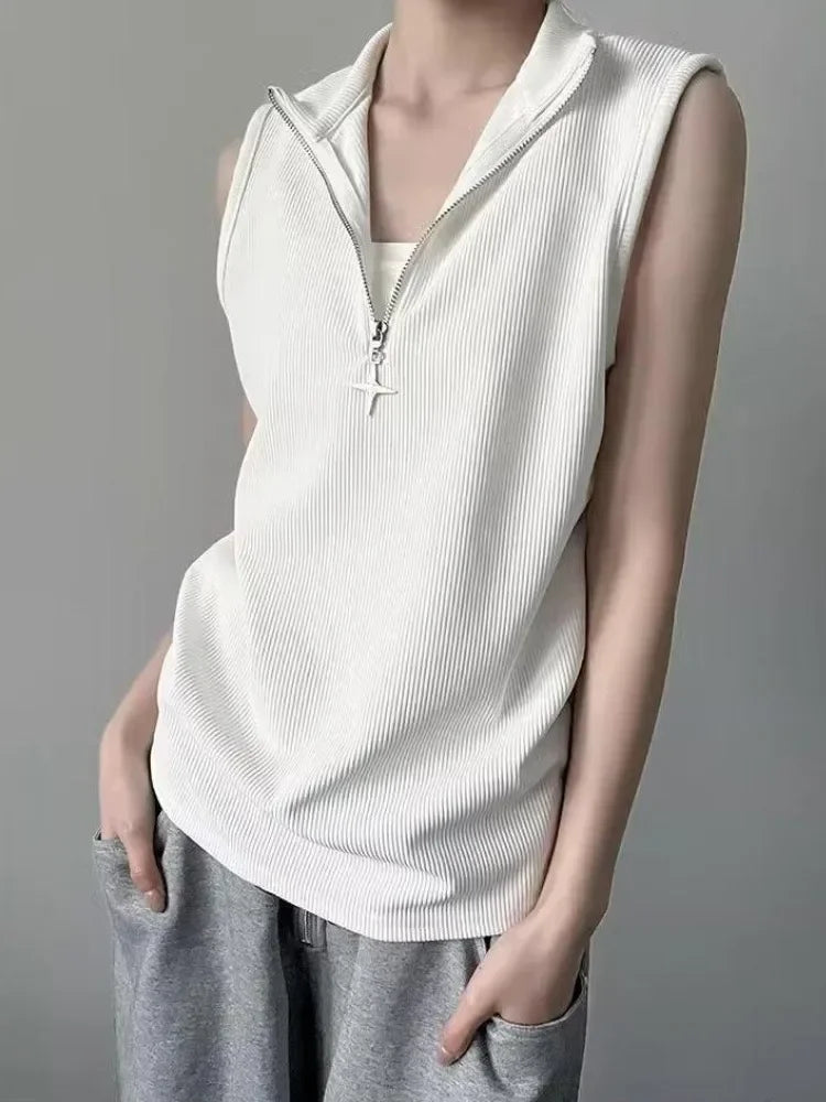 Vintage Stand Neck Zipper T-shirts Sleeveless Tanks Y2k Aesthetic Solid Camisoles Gothic Tank Top Men and Women Harajuku Punk