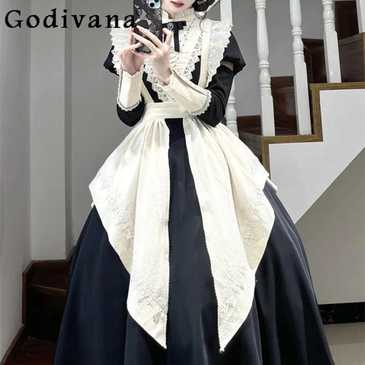 Autumn and Winter New Black Bubble Sleeve Lolita Dress Women Japanese Maid Apron Two-piece Suit Dress for Girls