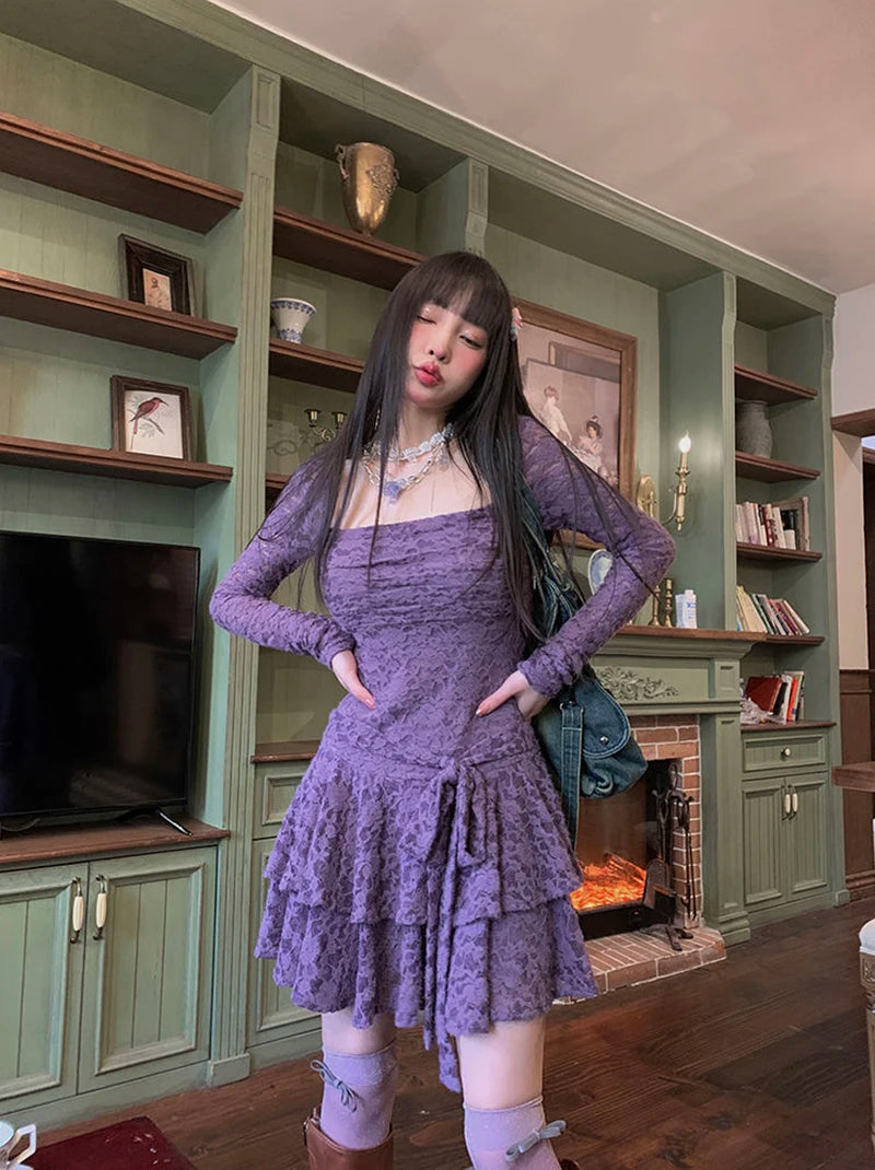 Gothic Black Lace Dress Women Y2K Fall Vintage Elegant Square Collar Purple Mini Dress Streetwear Sexy Slim Party Vestidos New